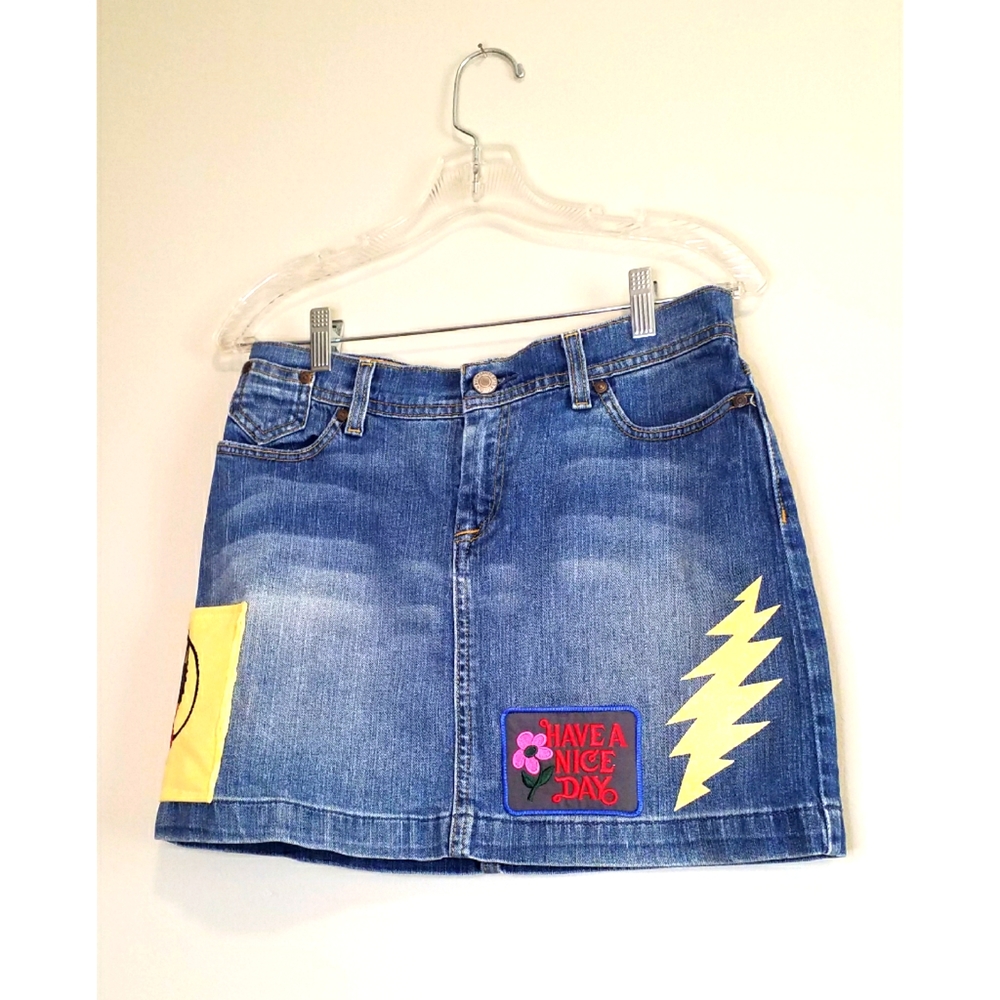 Patch Skirt upcycled handmade patches Size 4 Dire Wolf Grateful Dead